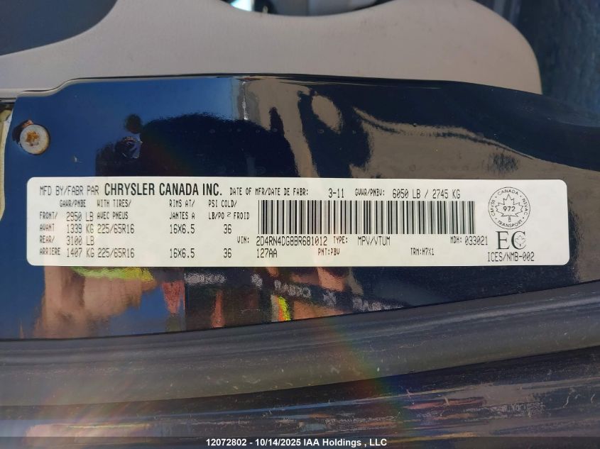 2011 Dodge Grand Caravan Express VIN: 2D4RN4DG8BR681012 Lot: 12072802