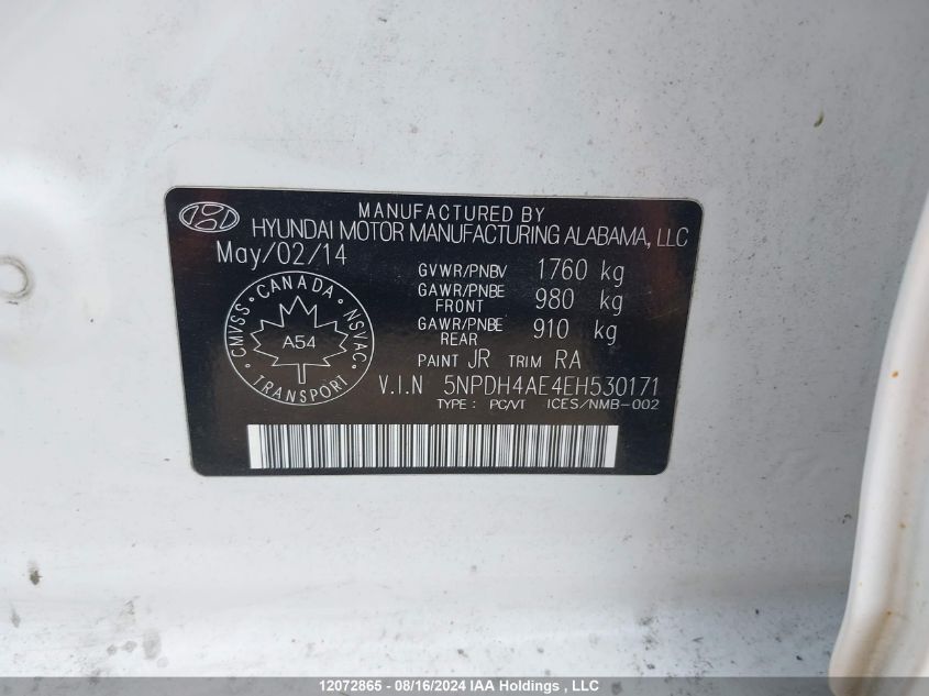 5NPDH4AE4EH530171 2014 Hyundai Elantra Gl