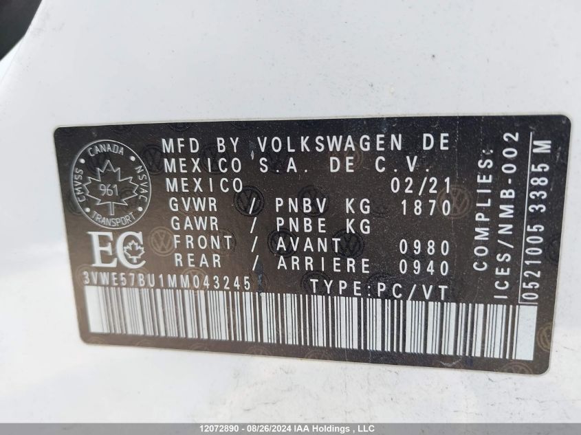 2021 Volkswagen Jetta VIN: 3VWE57BU1MM043245 Lot: 12072890
