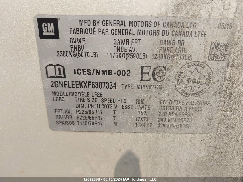 2015 Chevrolet Equinox VIN: 2GNFLEEKXF6387334 Lot: 12072898