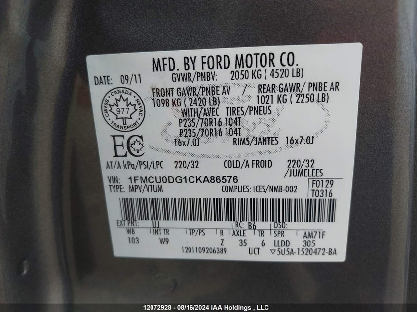 2012 Ford Escape Xlt VIN: 1FMCU0DG1CKA86576 Lot: 12072928