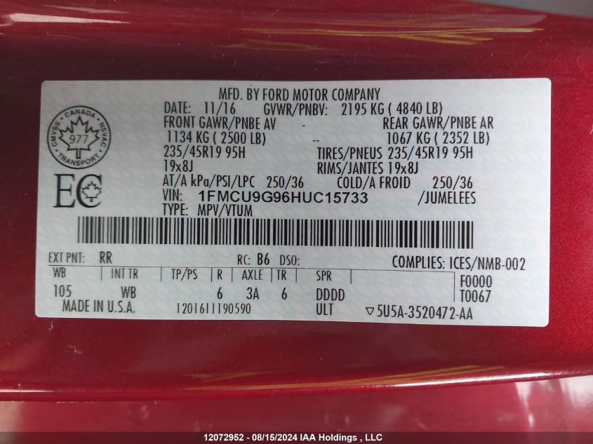 2017 Ford Escape Se VIN: 1FMCU9G96HUC15733 Lot: 12072952