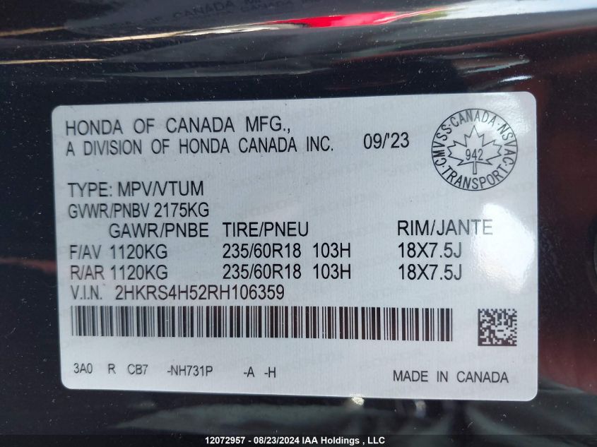 2024 Honda Cr-V VIN: 2HKRS4H52RH106359 Lot: 12072957