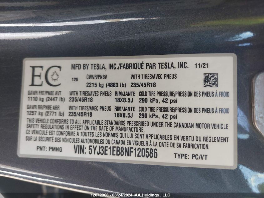 2022 Tesla Model 3 VIN: 5YJ3E1EB8NF120586 Lot: 12072968