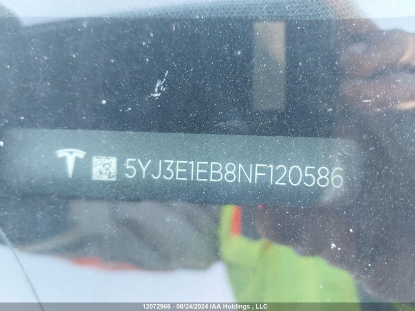 2022 Tesla Model 3 VIN: 5YJ3E1EB8NF120586 Lot: 12072968