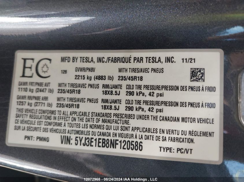 2022 Tesla Model 3 VIN: 5YJ3E1EB8NF120586 Lot: 12072968