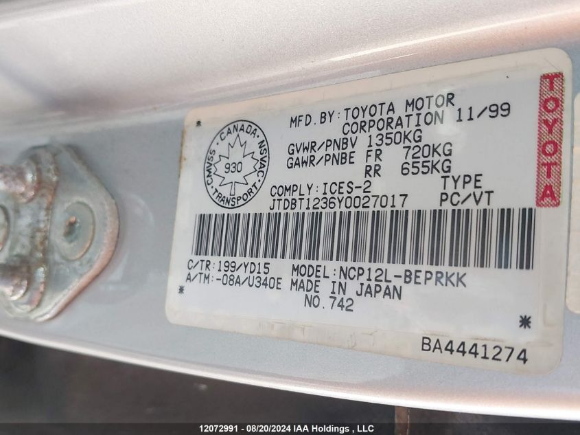 2000 Toyota Echo VIN: JTDBT1236Y0027017 Lot: 12072991