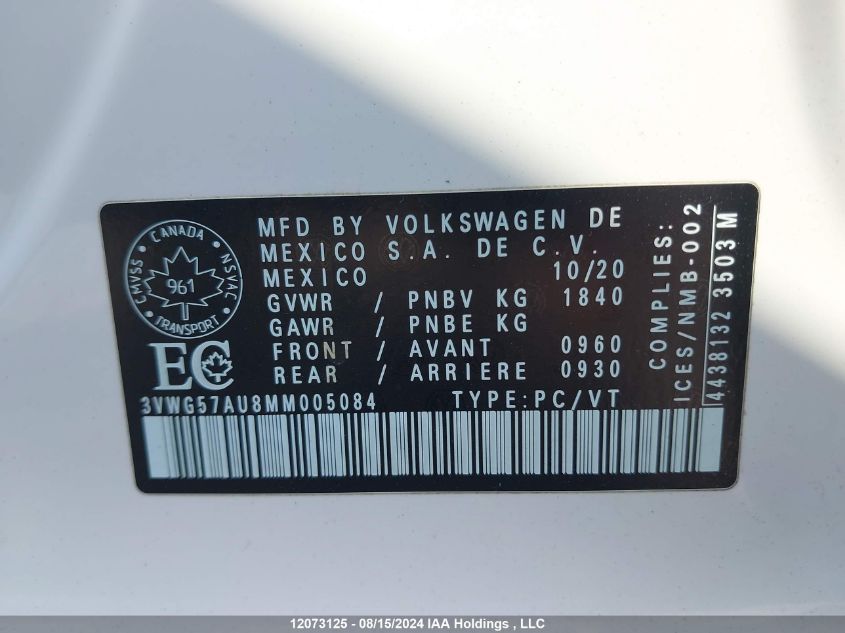 2021 Volkswagen Golf VIN: 3VWG57AU8MM005084 Lot: 12073125