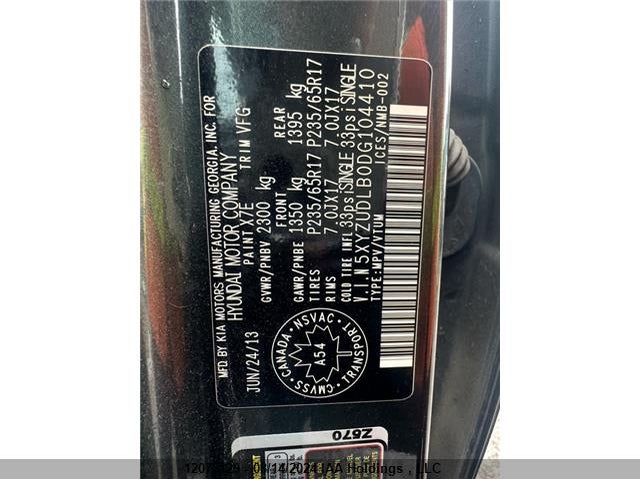 2013 Hyundai Santa Fe Sport VIN: 5XYZUDLB0DG104410 Lot: 12073129