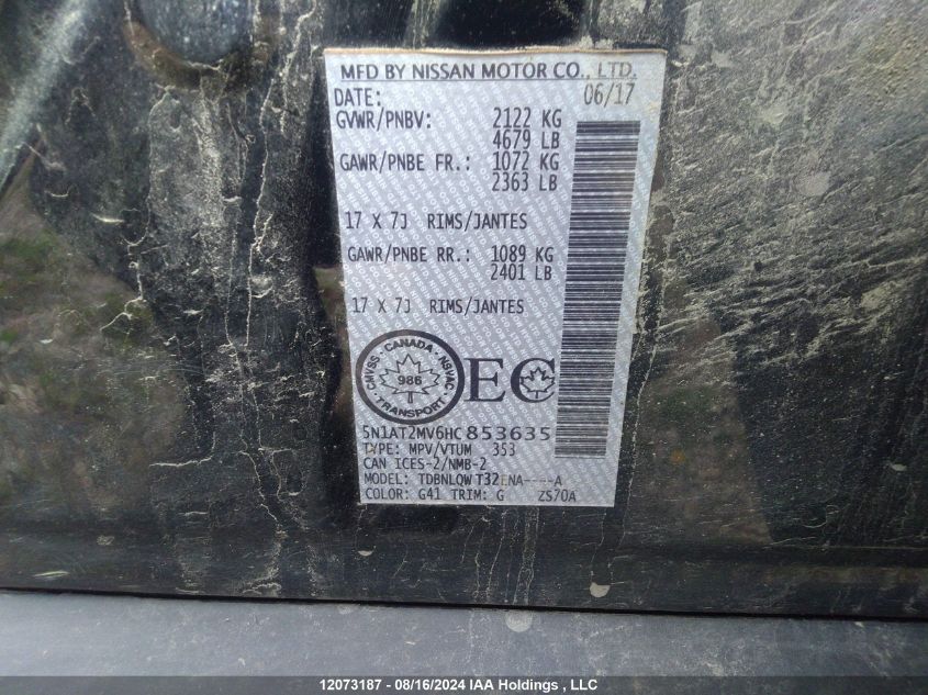 2017 Nissan Rogue Sv/Sl VIN: 5N1AT2MV6HC853635 Lot: 12073187