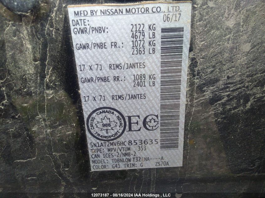 2017 Nissan Rogue Sv/Sl VIN: 5N1AT2MV6HC853635 Lot: 12073187