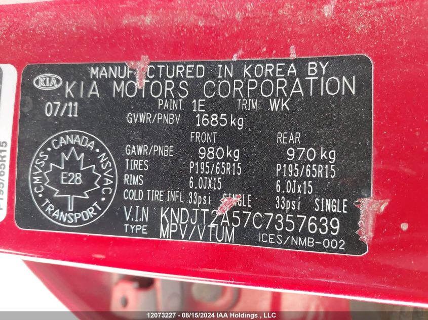 2012 Kia Soul VIN: KNDJT2A57C7357639 Lot: 12073227