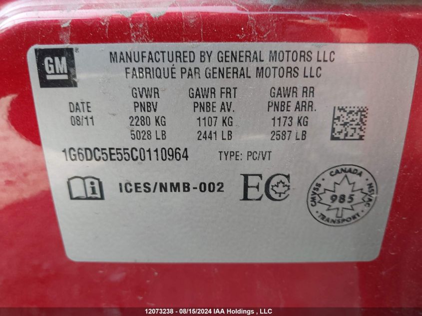 2012 Cadillac Cts VIN: 1G6DC5E55C0110964 Lot: 12073238