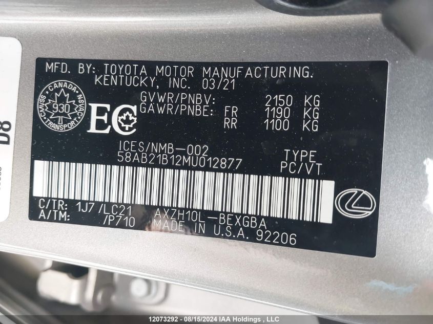 58AB21B12MU012877 2021 Lexus Es 300H 300H