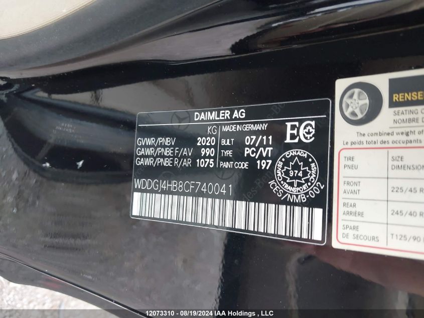 2012 Mercedes-Benz C-Class VIN: WDDGJ4HB8CF740041 Lot: 12073310