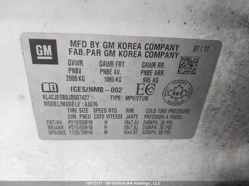 2018 Buick Encore VIN: KL4CJESB8JB507427 Lot: 12073317