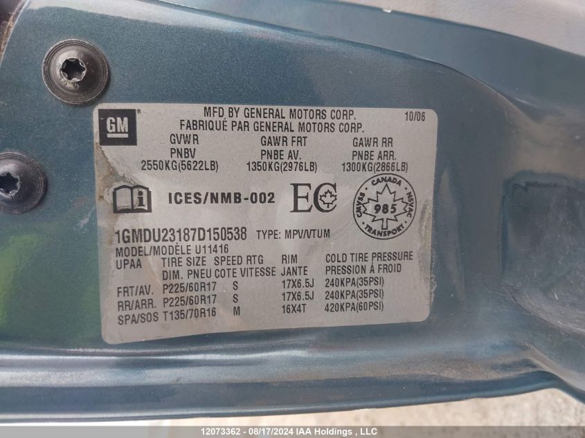 2007 Pontiac Montana Sv6 VIN: 1GMDU23187D150538 Lot: 12073362