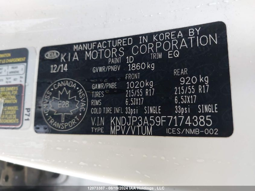 2015 Kia Soul VIN: KNDJP3A59F7174385 Lot: 12073387