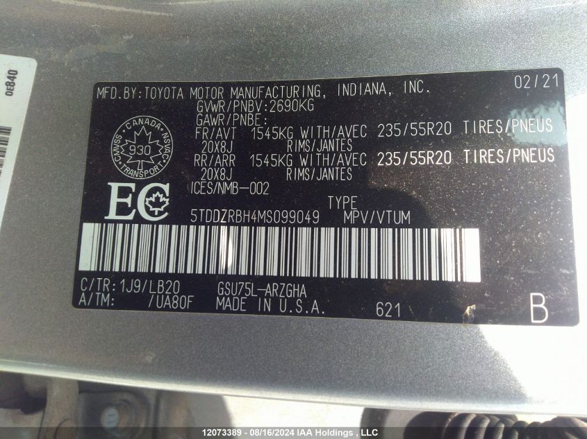 2021 Toyota Highlander Limited/Platinum VIN: 5TDDZRBH4MS099049 Lot: 12073389