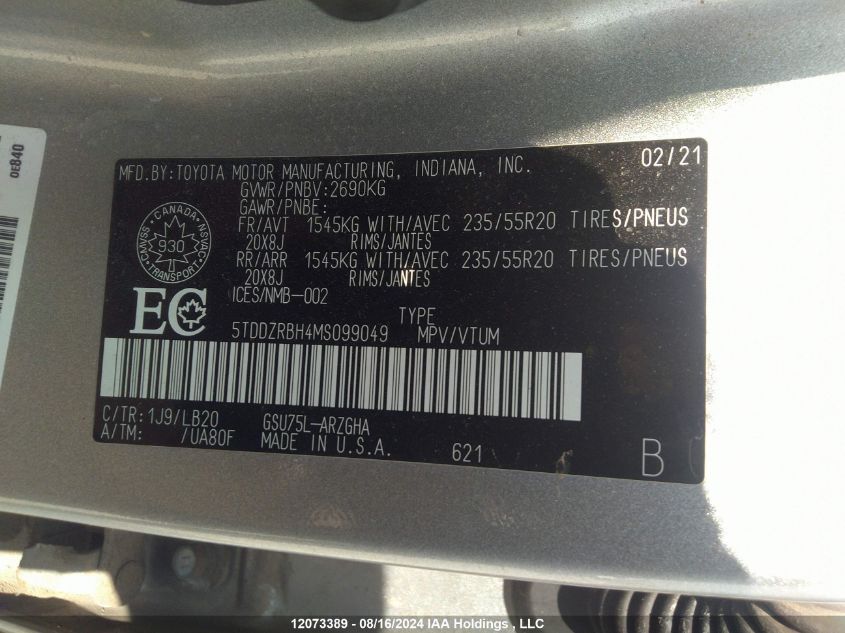 2021 Toyota Highlander Limited/Platinum VIN: 5TDDZRBH4MS099049 Lot: 12073389