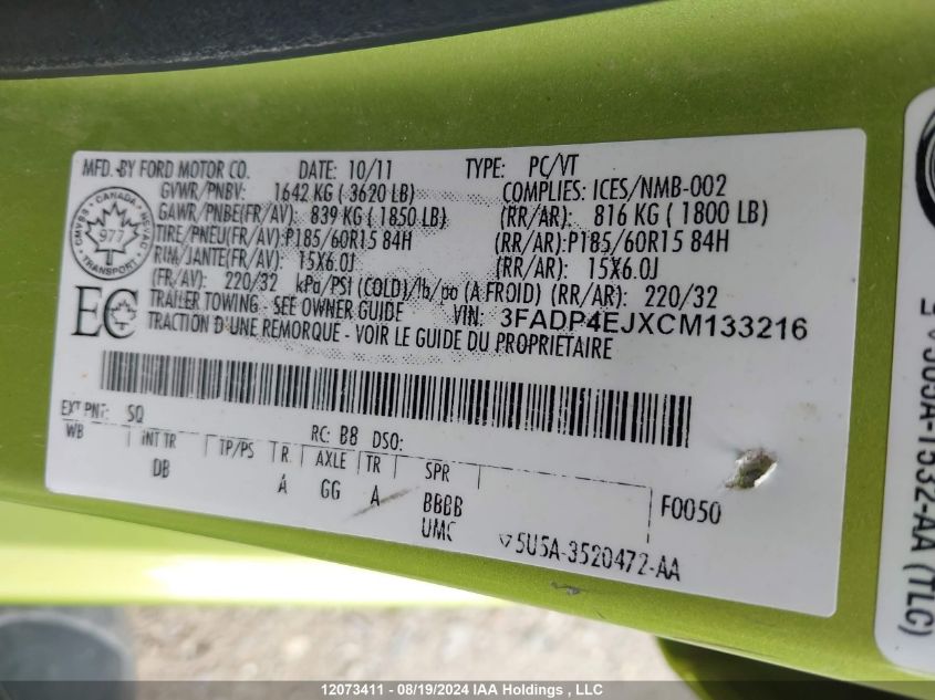 2012 Ford Fiesta Se VIN: 3FADP4EJXCM133216 Lot: 12073411