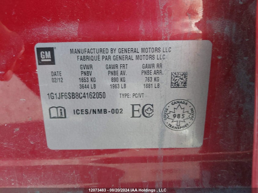 2012 Chevrolet Sonic VIN: 1G1JF6SB8C4162050 Lot: 12073483