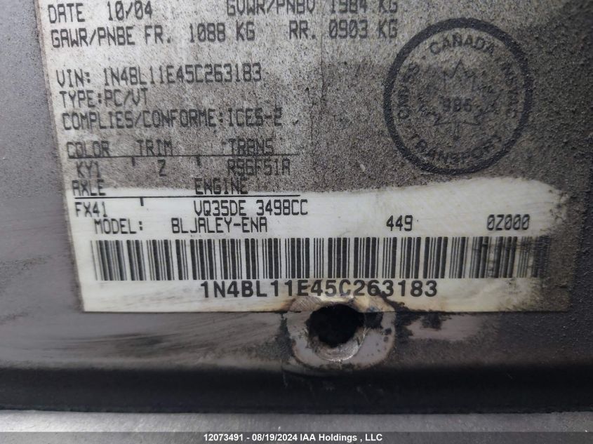 2005 Nissan Altima Se-R VIN: 1N4BL11E45C263183 Lot: 12073491