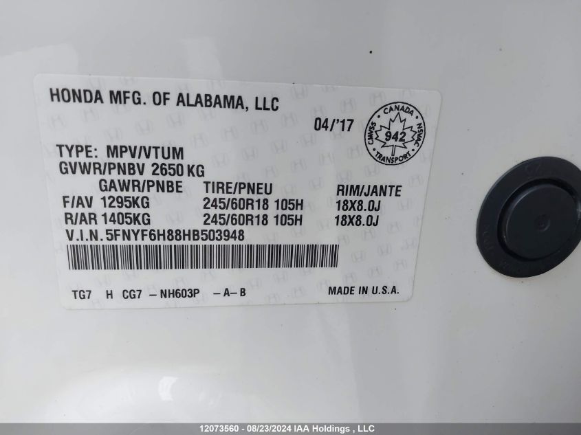 2017 Honda Pilot VIN: 5FNYF6H88HB503948 Lot: 12073560