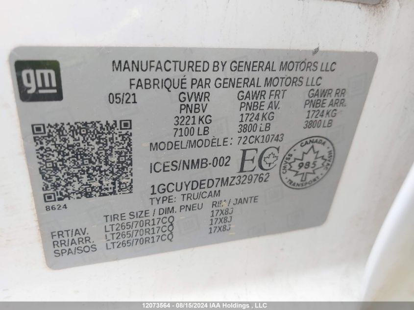 2021 Chevrolet Silverado K1500 Lt VIN: 1GCUYDED7MZ329762 Lot: 12073564