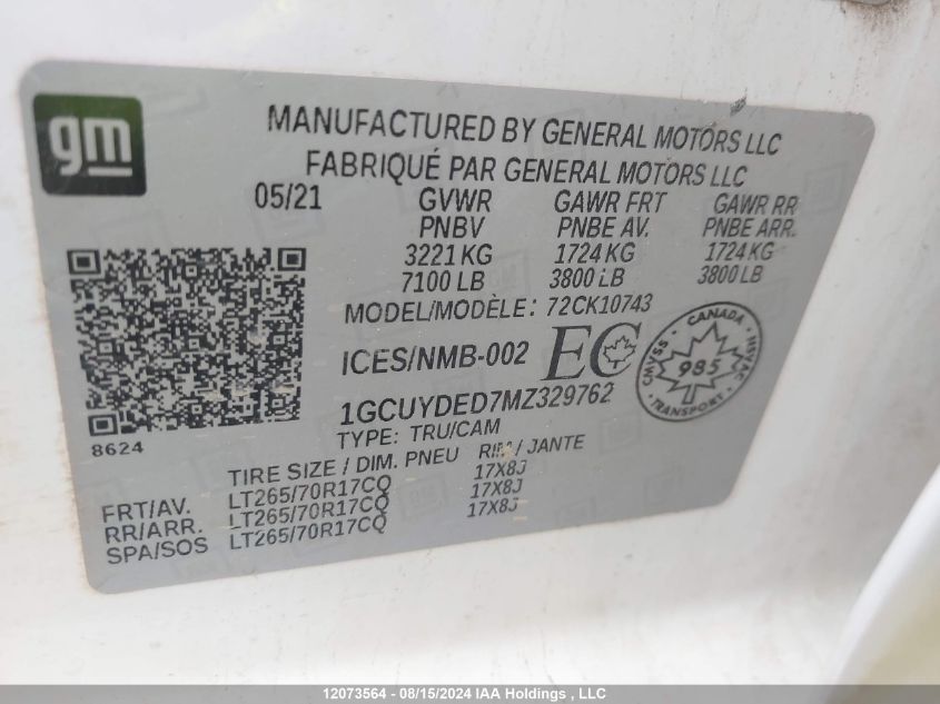 2021 Chevrolet Silverado K1500 Lt VIN: 1GCUYDED7MZ329762 Lot: 12073564