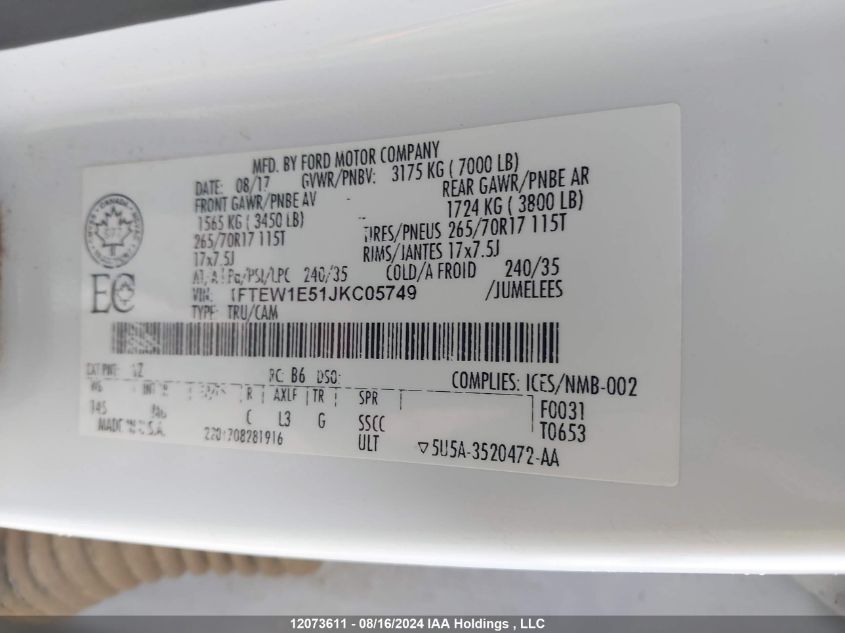 2018 Ford F150 Supercrew VIN: 1FTEW1E51JKC05749 Lot: 12073611