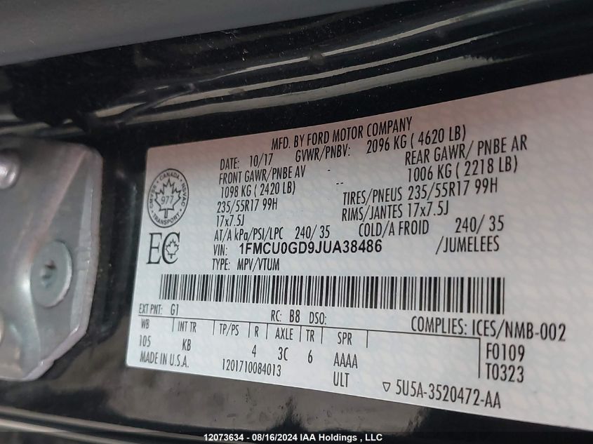 2018 Ford Escape Se VIN: 1FMCU0GD9JUA38486 Lot: 12073634