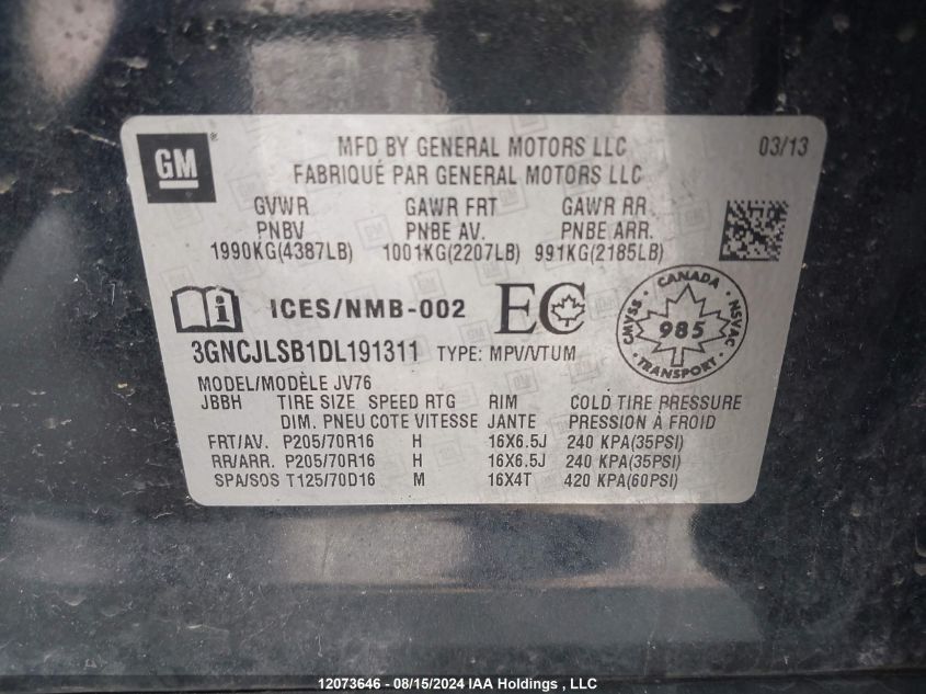 2013 Chevrolet Trax 1Lt VIN: 3GNCJLSB1DL191311 Lot: 12073646