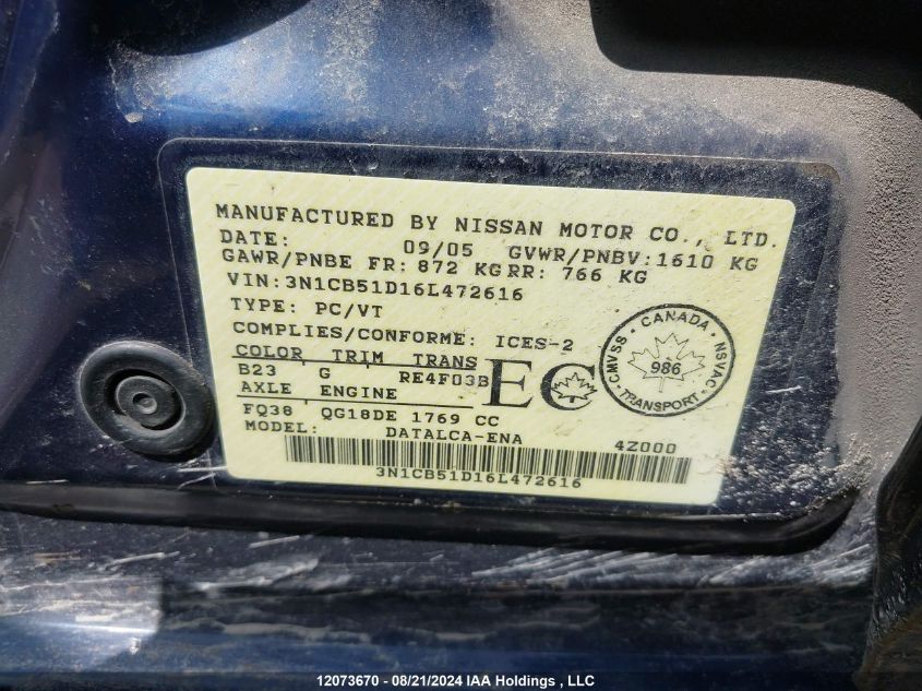 2006 Nissan Sentra 1.8/1.8S VIN: 3N1CB51D16L472616 Lot: 12073670