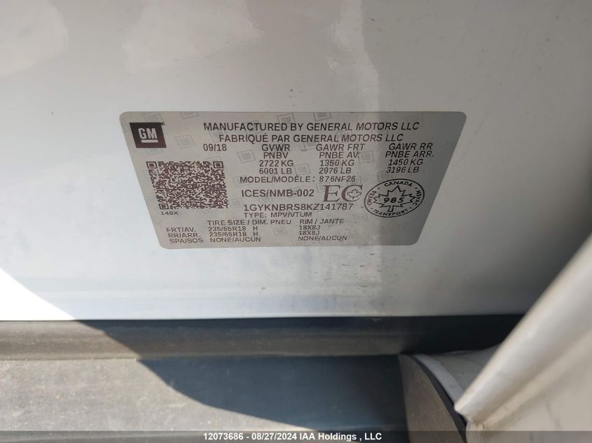 2019 Cadillac Xt5 VIN: 1GYKNBRS8KZ141787 Lot: 12073686