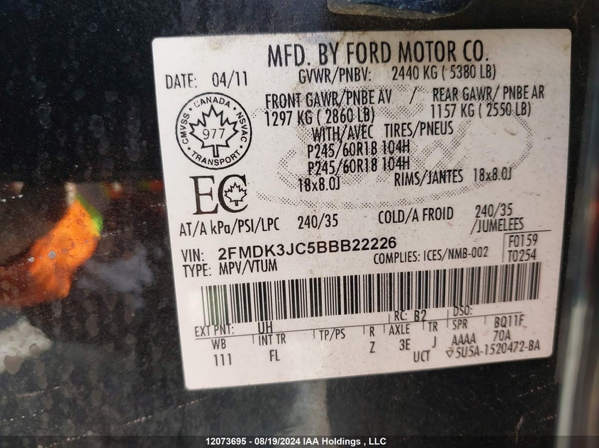 2011 Ford Edge Sel VIN: 2FMDK3JC5BBB22226 Lot: 12073695