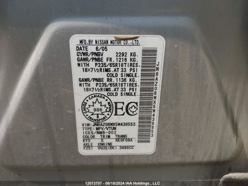 2005 Nissan Murano Sl/Se/S VIN: JN8AZ08WX5W438553 Lot: 12073707