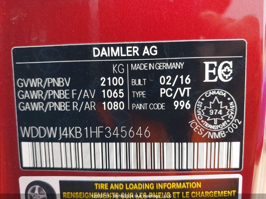 2017 Mercedes-Benz C 300 4Matic VIN: WDDWJ4KB1HF345646 Lot: 12073711