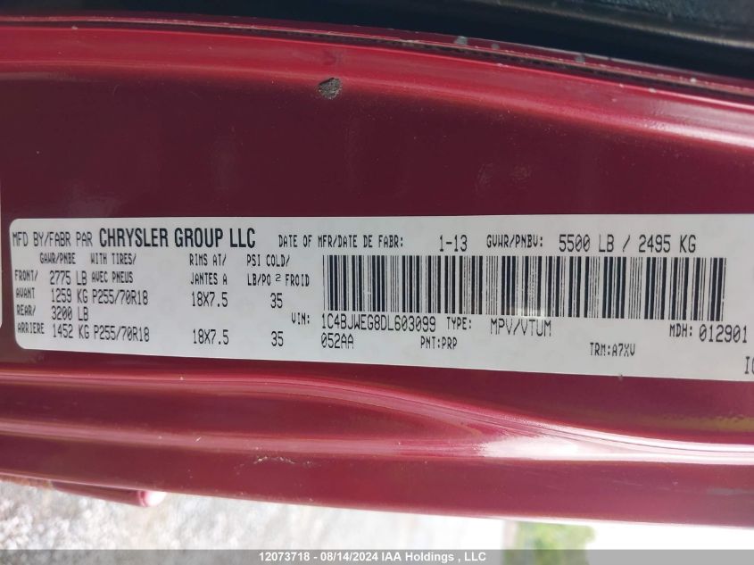 2013 Jeep Wrangler Unlimited Sahara VIN: 1C4BJWEG8DL603099 Lot: 12073718