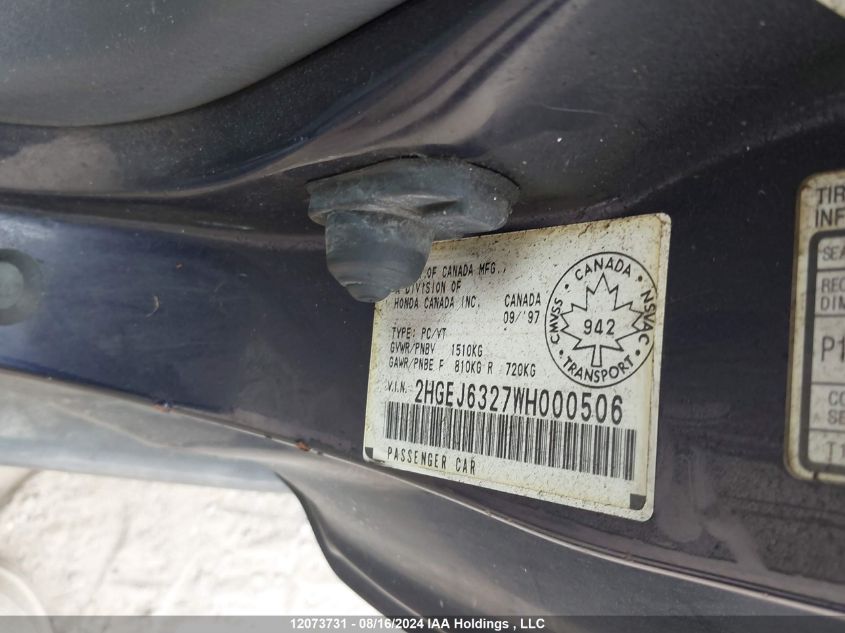 1998 Honda Civic VIN: 2HGEJ6327WH000506 Lot: 12073731