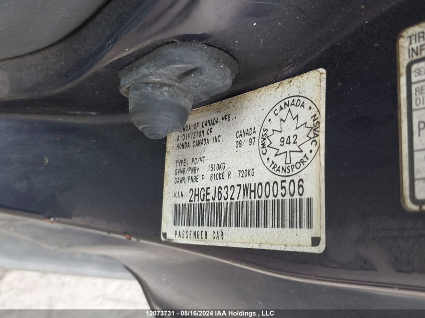 1998 Honda Civic VIN: 2HGEJ6327WH000506 Lot: 12073731