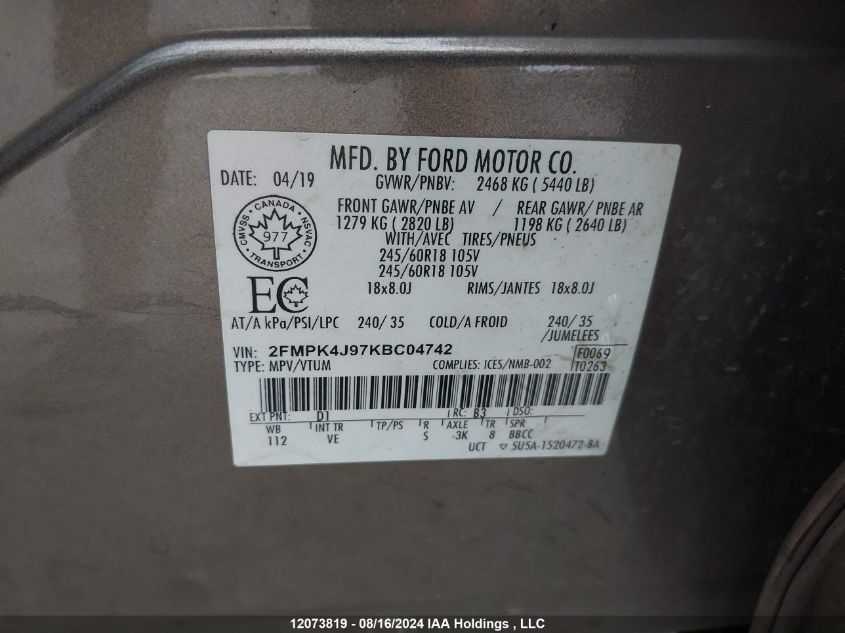 2019 Ford Edge Sel VIN: 2FMPK4J97KBC04742 Lot: 12073819