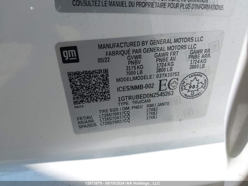 2022 GMC Sierra K1500 Sle VIN: 1GTRUBED0NZ545363 Lot: 12073879