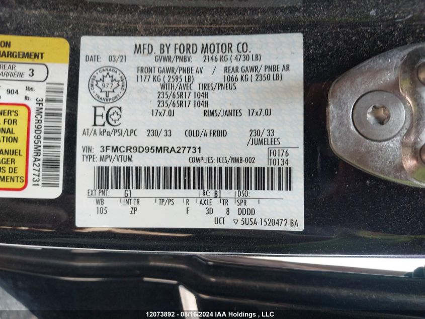 2021 Ford Bronco Sport Badlands VIN: 3FMCR9D95MRA27731 Lot: 12073892