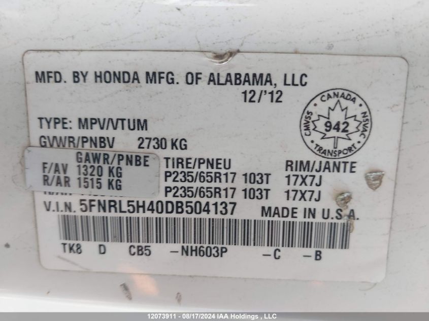 5FNRL5H40DB504137 2013 Honda Odyssey