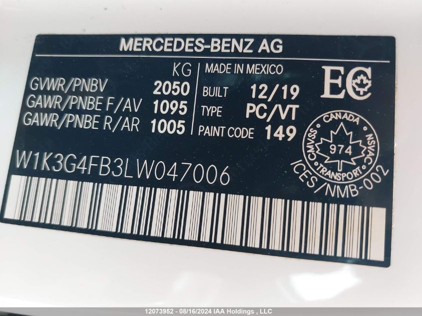 W1K3G4FB3LW047006 2020 Mercedes-Benz A-Class