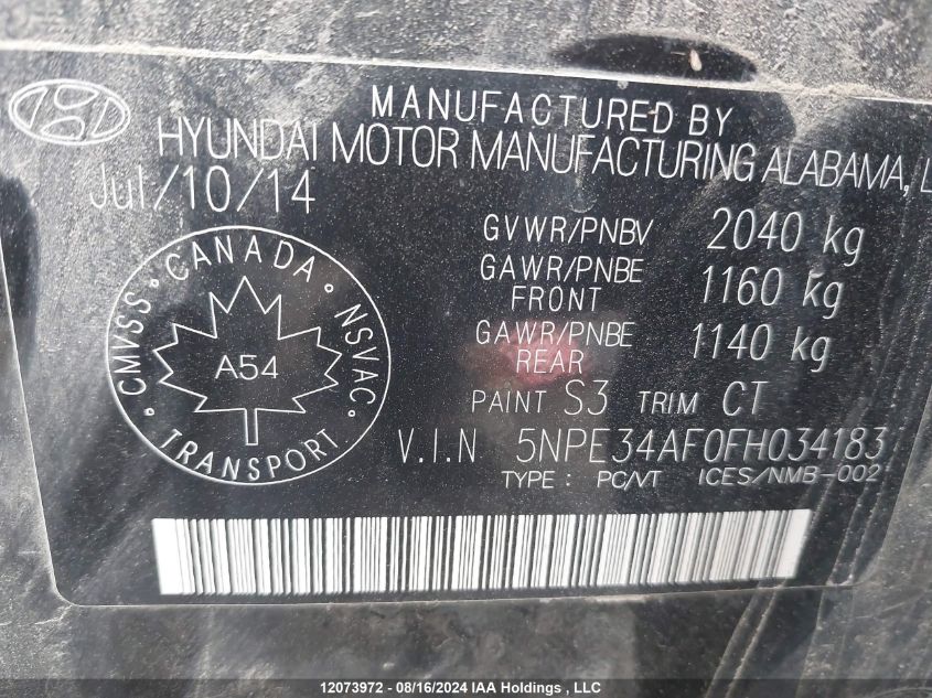 2015 Hyundai Sonata Sport Tech VIN: 5NPE34AF0FH034183 Lot: 12073972