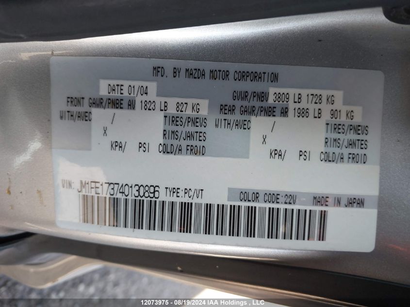 2004 Mazda Rx8 VIN: JM1FE173740130896 Lot: 12073975