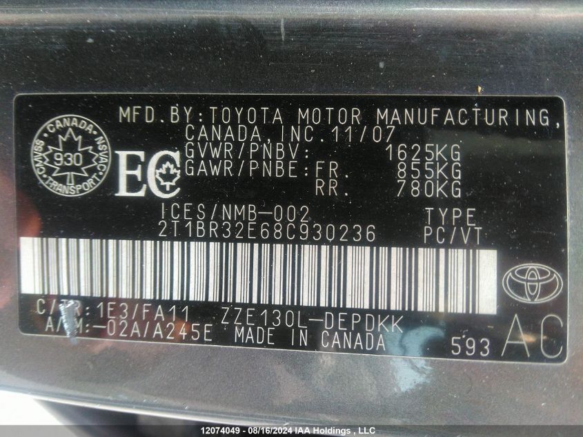 2008 Toyota Corolla VIN: 2T1BR32E68C930236 Lot: 12074049