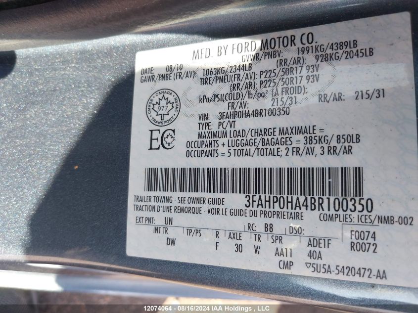 2011 Ford Fusion Se VIN: 3FAHP0HA4BR100350 Lot: 12074064